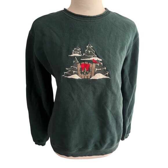 Vtg Embroidered Christmas Sweatshirt, Cardinal Snowy Pines, Wreath Cottagecore S - Picture 1 of 8